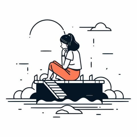 Vector illustration of a girl sitting on the boat and looking at