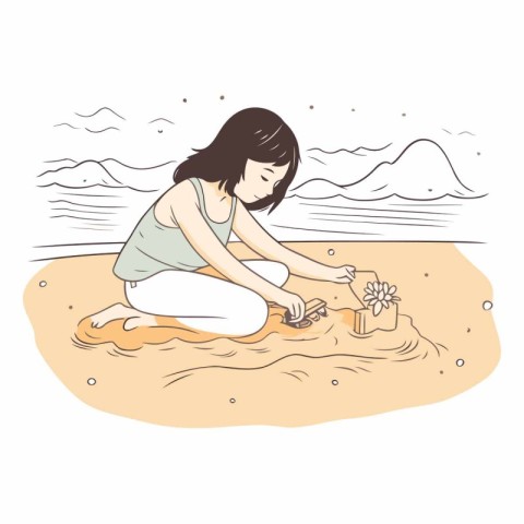 Young woman sitting on the beach and playing with sand