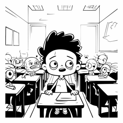 Black and White Cartoon Illustration of Elementary School Boy in