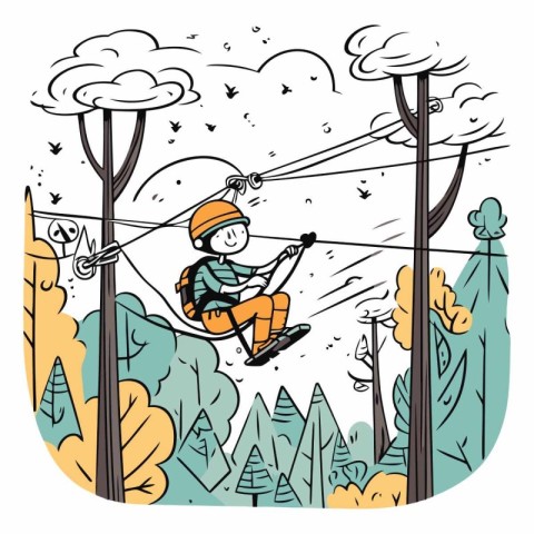 Vector illustration of a boy riding a cable car in the forest.