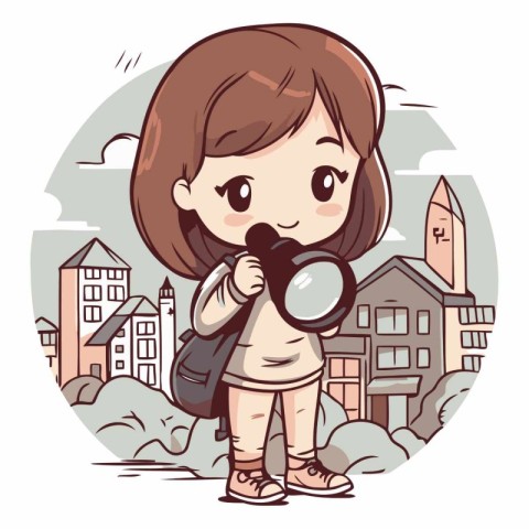 Cute little girl with binoculars in the city.