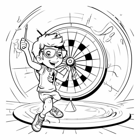 Cartoon Illustration of Kid Playing Darts Game for Coloring Book