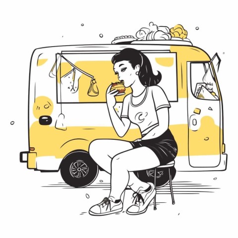 Illustration of a girl eating a hamburger in front of a yellow b