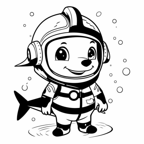 Black and White Cartoon Illustration of Cute Little Boy Astronau