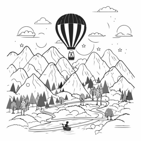 Vector illustration of hot air balloon flying over the mountains