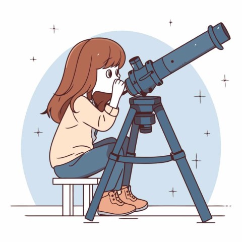 Young woman looking through a telescope in cartoon style.