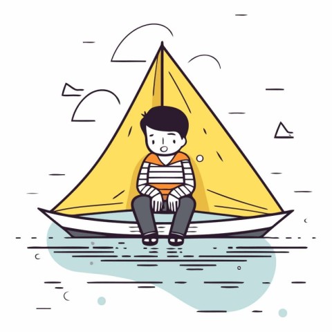 Boy sitting on the sailboat in a flat style