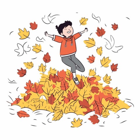 Happy little girl jumping in autumn leaves in doodle style.