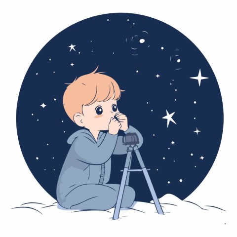 Little boy using a telescope in the night sky.