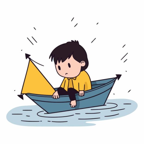 Illustration of a boy with a paper boat in the rain.