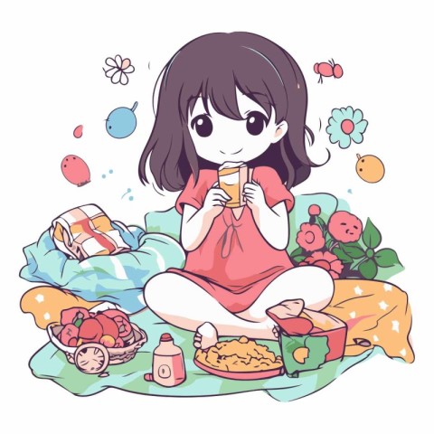 Illustration of a cute little girl sitting on the bed and eating