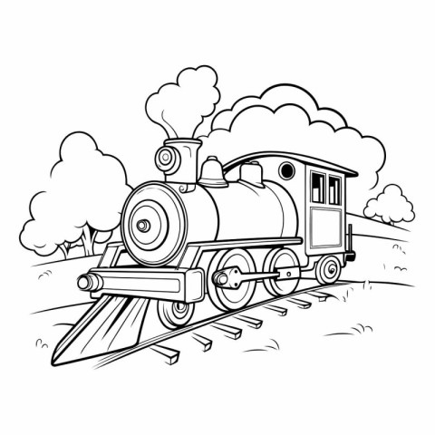 Cartoon black and white vector illustration of a steam locomotiv