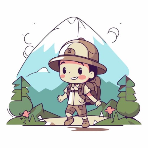 Cute boy scout with backpack in the mountains.