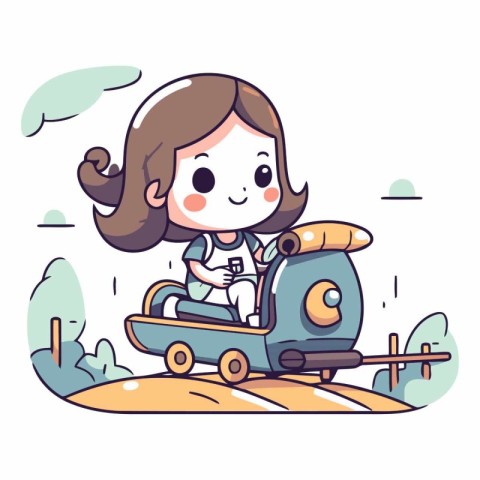 Girl riding a toy car on the road in cartoon style.