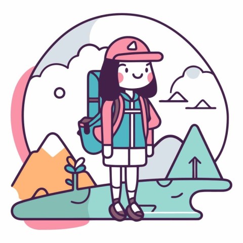 Illustration of a Girl Hiking with a Backpack in the Mountains