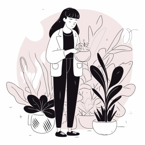 Young woman taking care of houseplants. Flat vector illustration