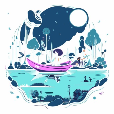 Vector illustration of a man in a boat on the lake at night.