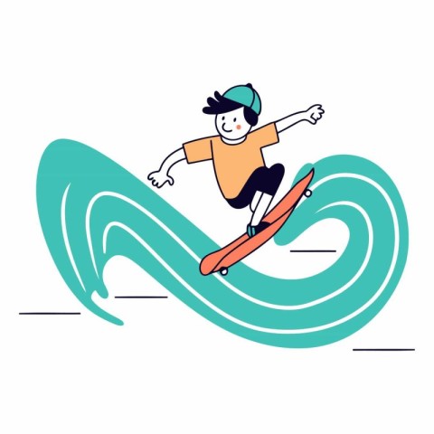 Boy riding a surfboard on the waves in flat style