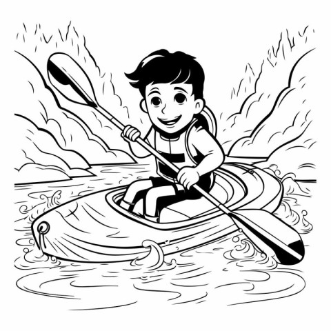 Boy paddling a kayak on a lake. black and white vector illustrat