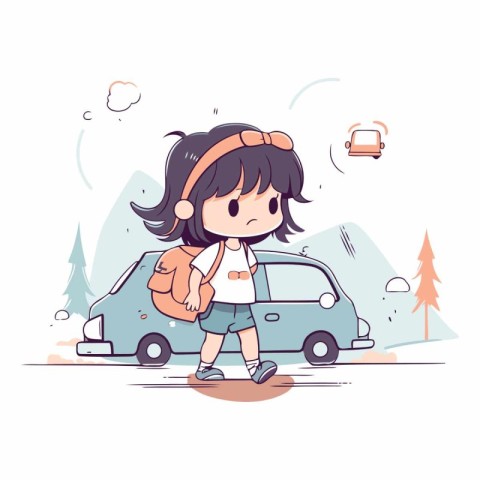 Cute little girl with backpack and car on the road.