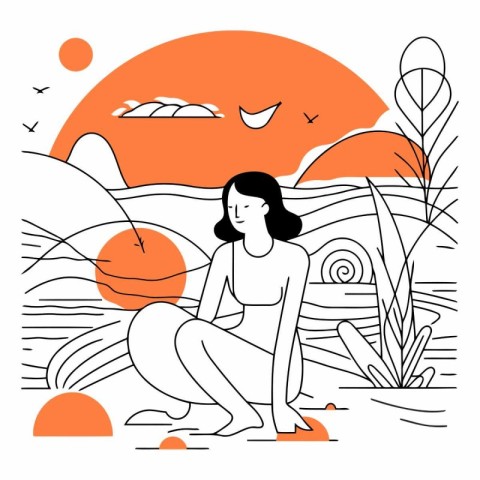 Vector illustration of a woman sitting on the beach and relaxing