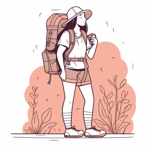 Tourist girl with backpack and coffee in hand.