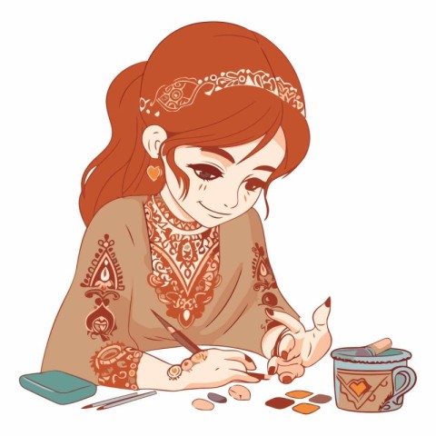 Beautiful girl in ethnic clothes drawing with paints.