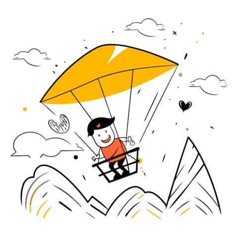 Paraglider flying over the mountains. Doodle vector illustration