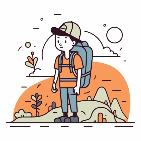 Tourist man with backpack and cap in linear style