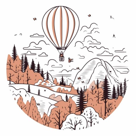 Vector illustration of a hot air balloon flying over the mountai