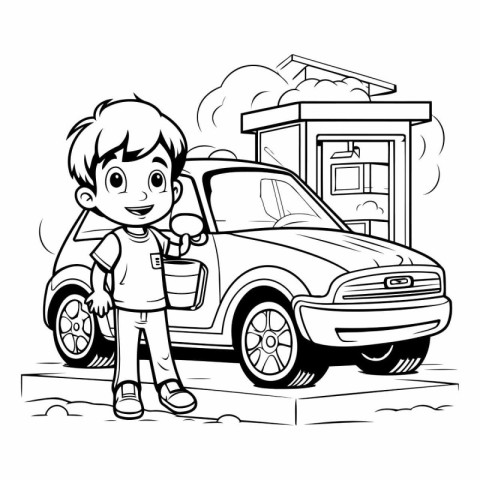 Boy with car and gas station. black and white vector illustratio