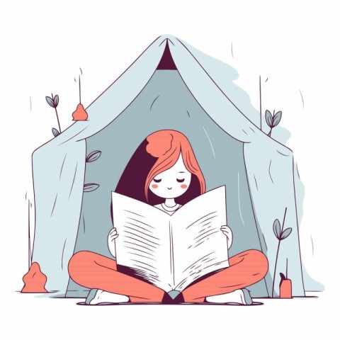 Girl reading a book in a tent in cartoon style.