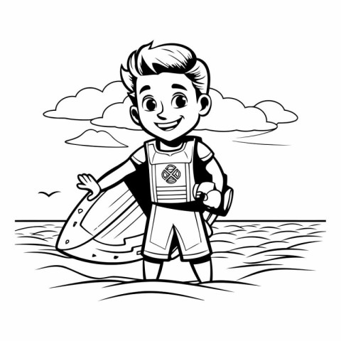 surfer boy cartoon on the beach. black and white vector illustra