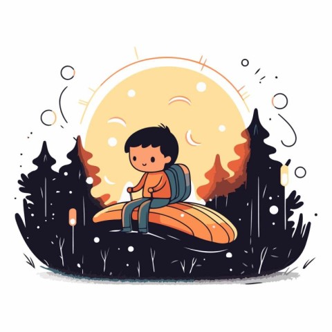 Cute little boy riding a snowboard in the forest.