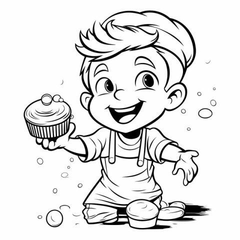 Black and White Cartoon Illustration of Kid Playing with Cake or