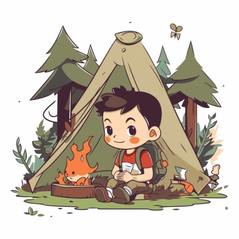 Little boy camping in the forest of a cartoon style.