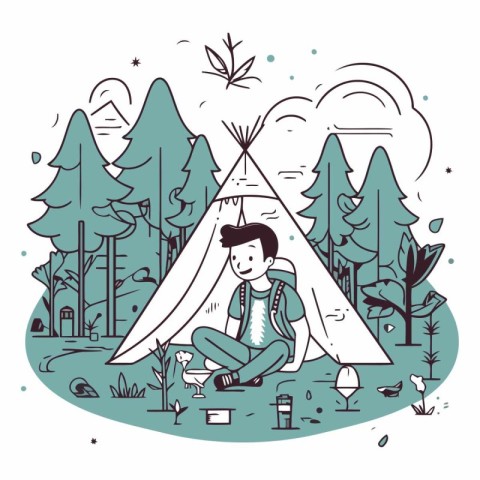 Vector illustration of a man sitting in a teepee in the forest.