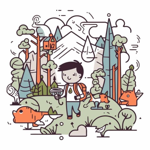 Vector illustration of a boy with a backpack walking in the fore