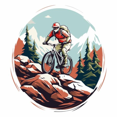 Mountain biker riding in the mountains in retro style.