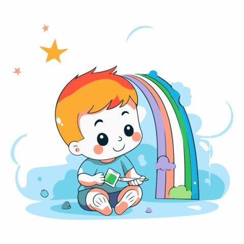 Cute little boy reading a book on the rainbow background.