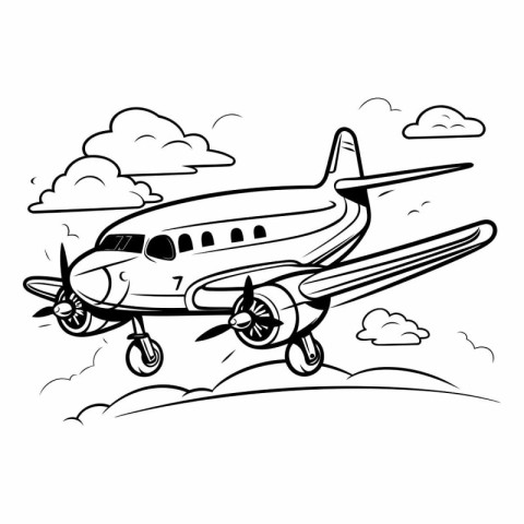 Airplane flying in the sky. Black and white vector illustration.