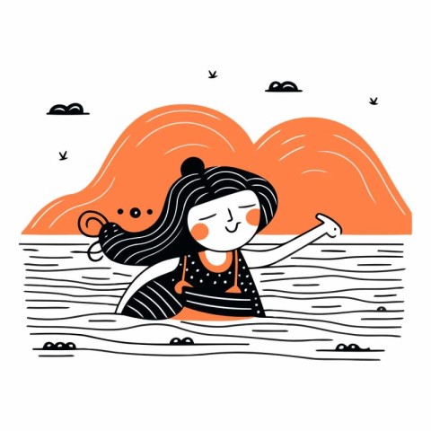 Vector illustration of a girl on the beach. Hand drawn style.