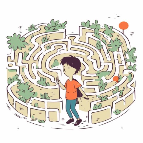 Vector illustration of a boy walking through a maze on white bac