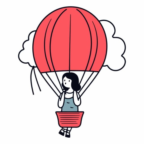 Vector illustration of a woman flying on a red hot air balloon.