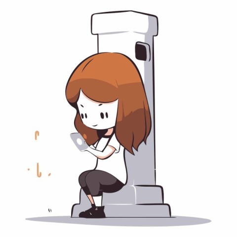 Young woman using her mobile phone while sitting on a column.