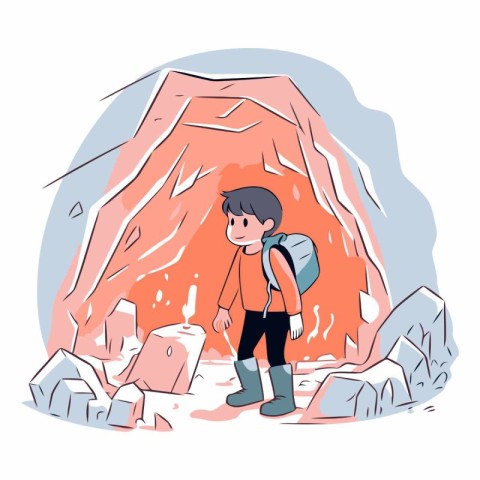 Vector illustration of a boy with a backpack standing in a cave.