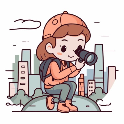 Cute little girl with camera in the city.