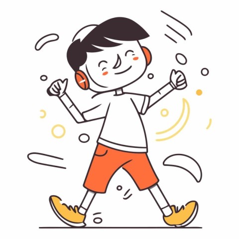 Illustration of a happy boy listening to music on headphones and