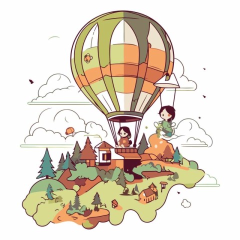 Vector illustration of a boy flying on a hot air balloon over th