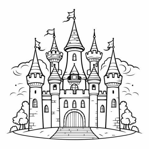 Castle. Fairy tale. Black and white vector illustration for colo